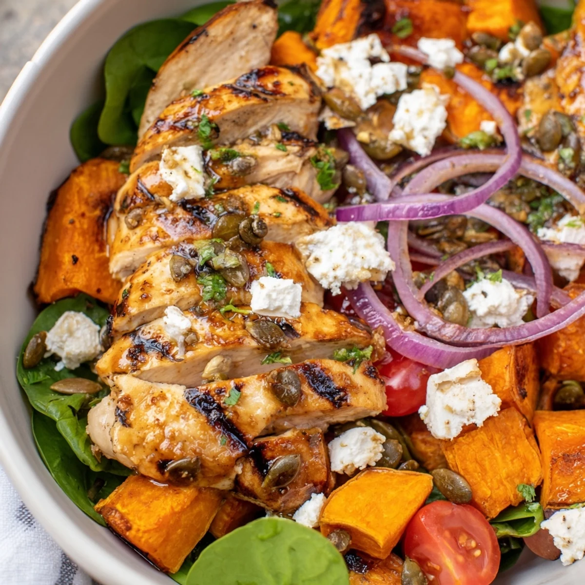 Colorful meal prep bowl featuring tender chicken thighs coated in sweet maple mustard sauce beside caramelized sweet potato pieces and crisp mixed greens