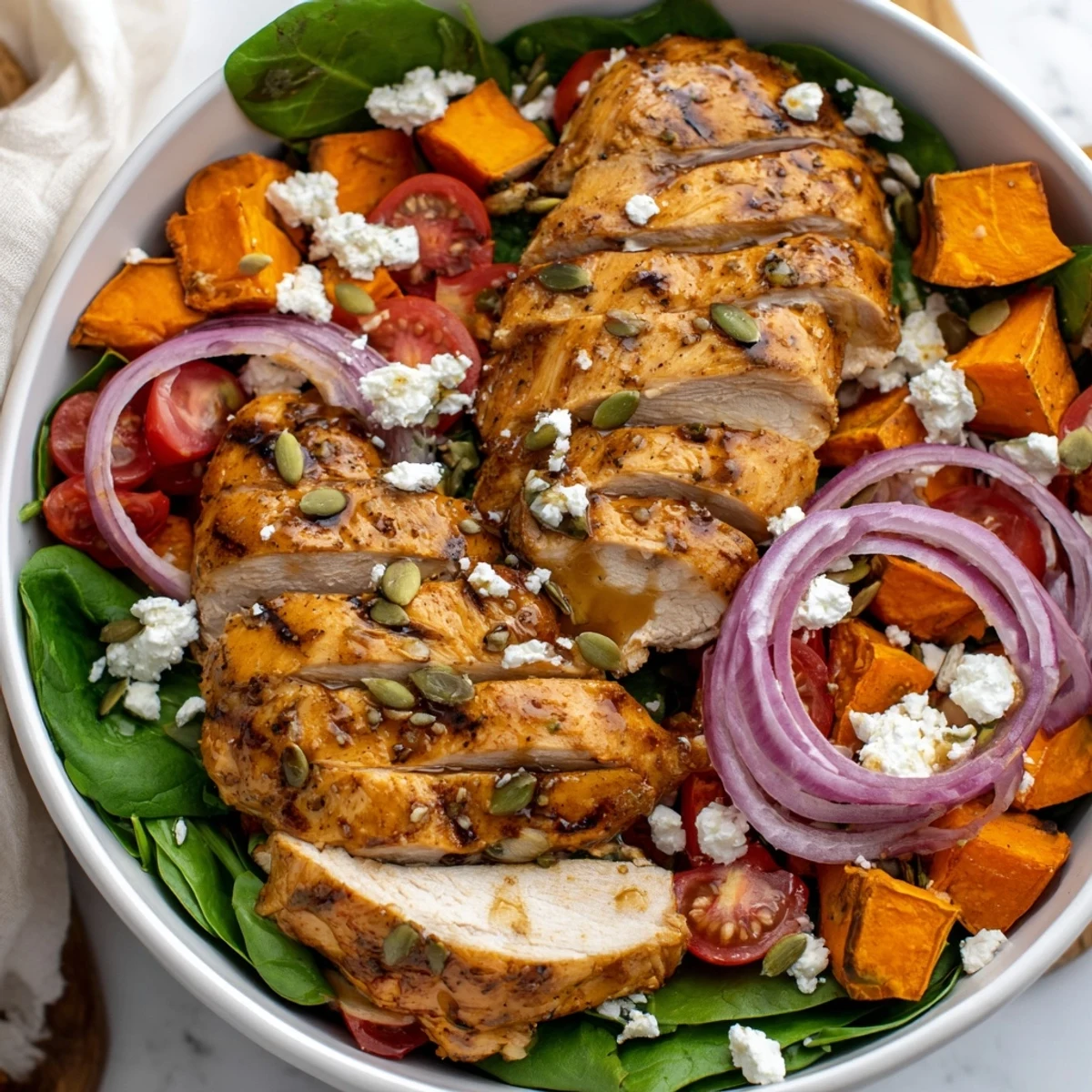 Golden glazed maple Dijon chicken slices nestled over roasted sweet potato cubes with fresh spinach and cherry tomatoes in a wholesome grain bowl