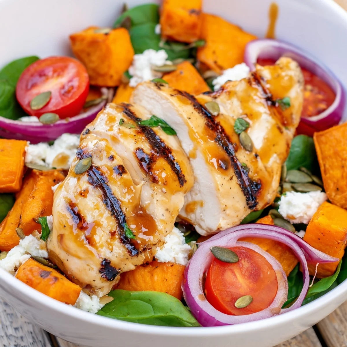 Close-up of savory chicken breast with maple Dijon glaze served in a bowl with roasted sweet potatoes and vibrant vegetables for a hearty dinner