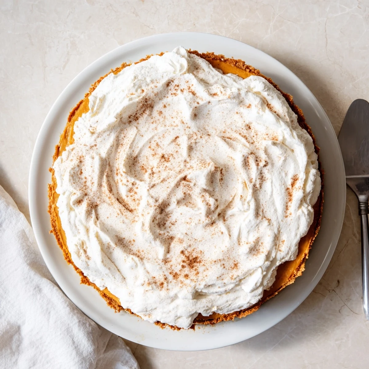 Creamy pumpkin spice Christmas cheesecake topped with billowy whipped cream on a golden graham cracker crust