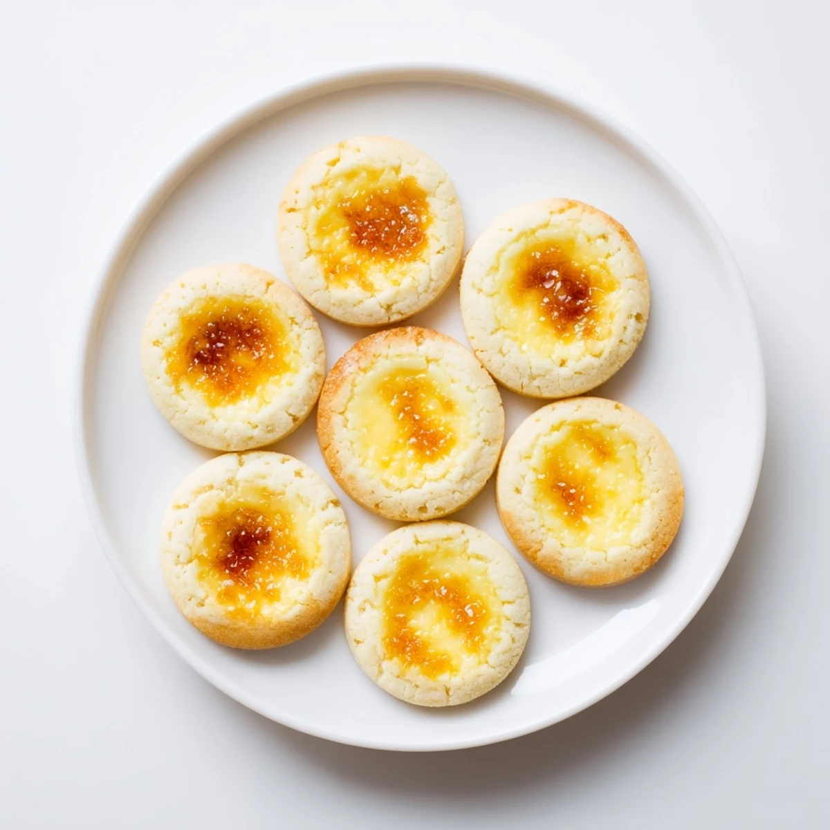 Golden crème brûlée shortbread cookies topped with caramelized sugar and creamy custard
