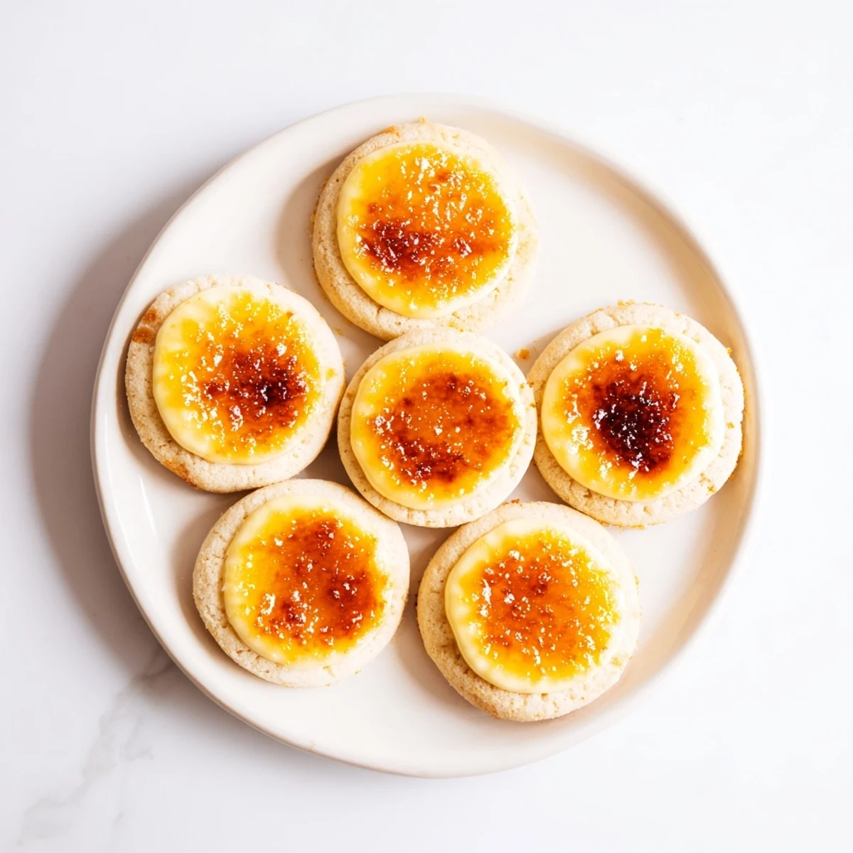 French-inspired crème brûlée shortbread cookies with crisp caramelized sugar layer on white plate