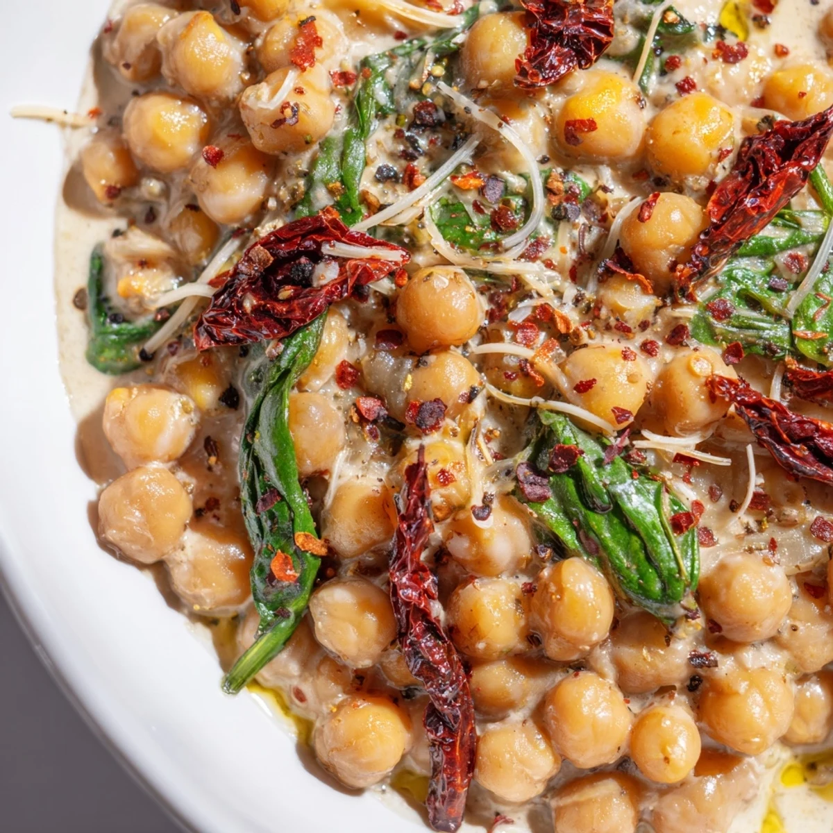 Creamy Marry Me Chickpeas in a white bowl garnished with fresh basil and sun-dried tomatoes