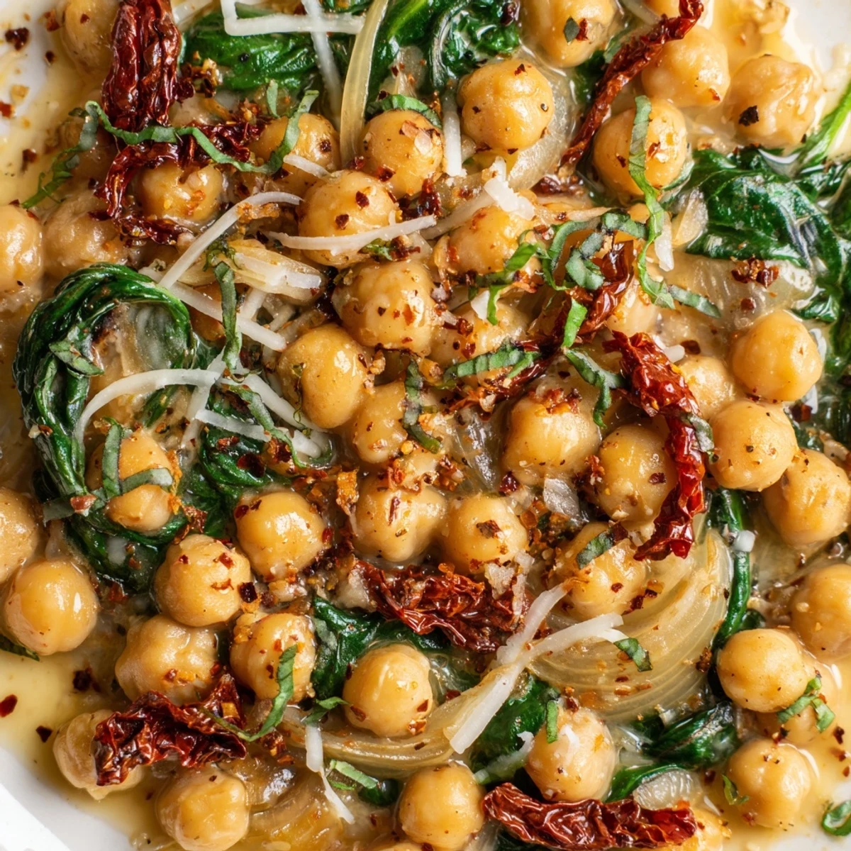 Golden chickpeas simmered in rich herb sauce with wilted spinach and grated Parmesan topping
