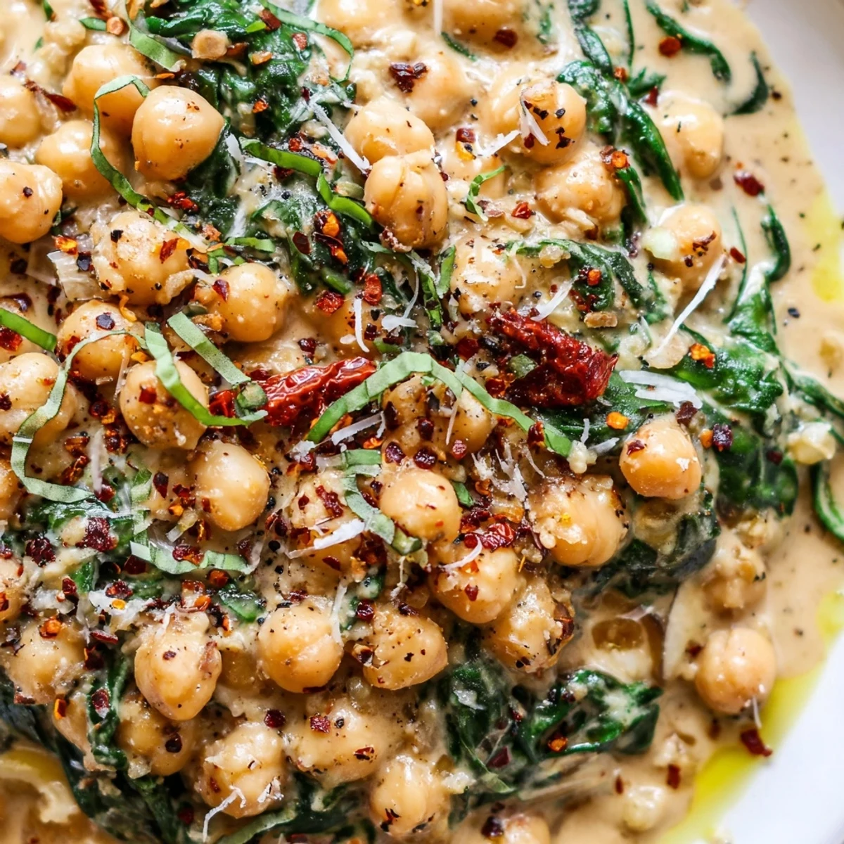 Hearty Marry Me Chickpeas skillet featuring creamy red pepper flakes sauce and lemon zest finish