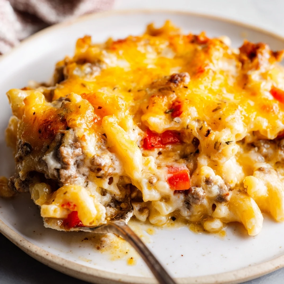 Golden bubbly cheesy beef and noodle casserole fresh from the oven with melted cheddar topping