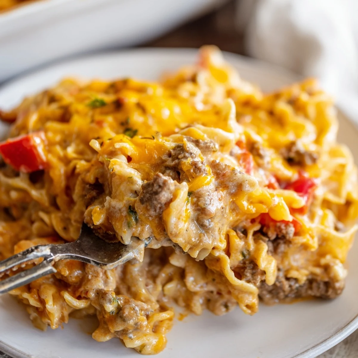Creamy cheesy beef and noodle casserole with tender egg noodles in a rich, savory sauce