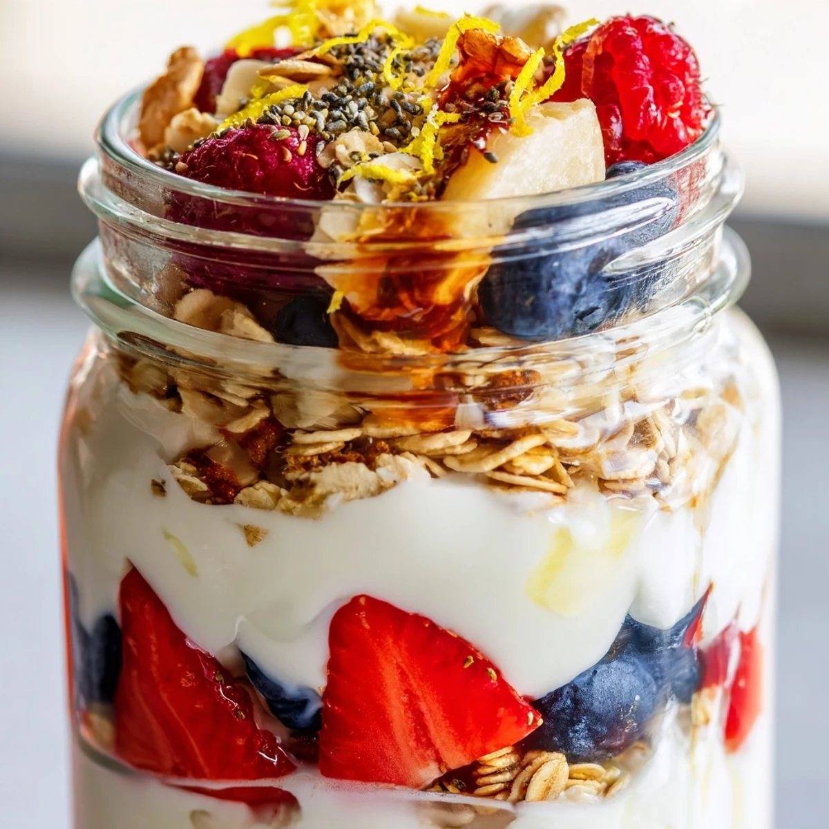Creamy Greek yogurt parfait layered with fresh berries and golden granola in a clear glass