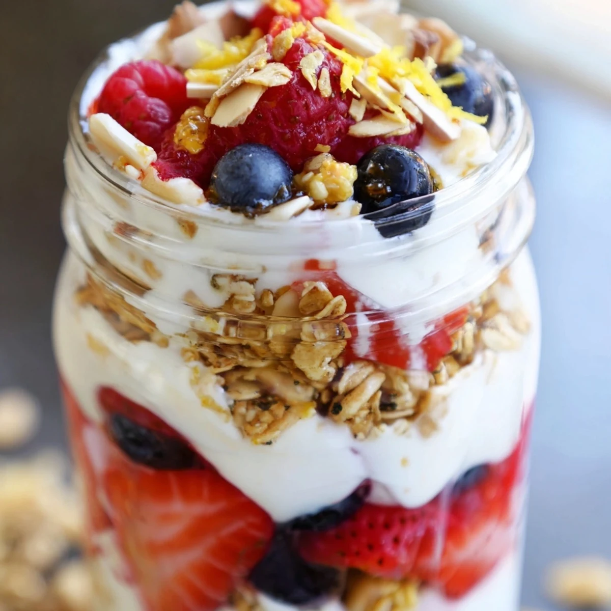 Greek yogurt parfait topped with vibrant mixed berries and crunchy granola sprinkled on top