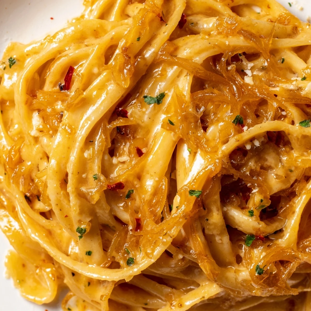 Creamy Sweet Heat Caramelized Onion Fettuccine twirled in a skillet with golden caramelized onions and fresh parsley garnish