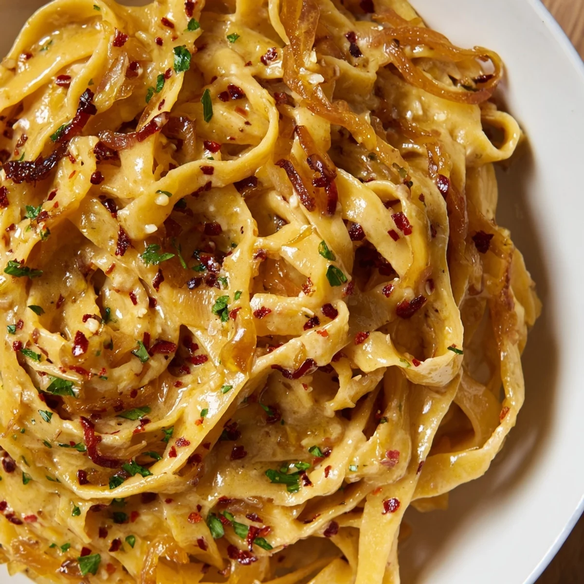Sweet Heat Caramelized Onion Fettuccine served in a white bowl with melted Parmesan and flecks of red chili