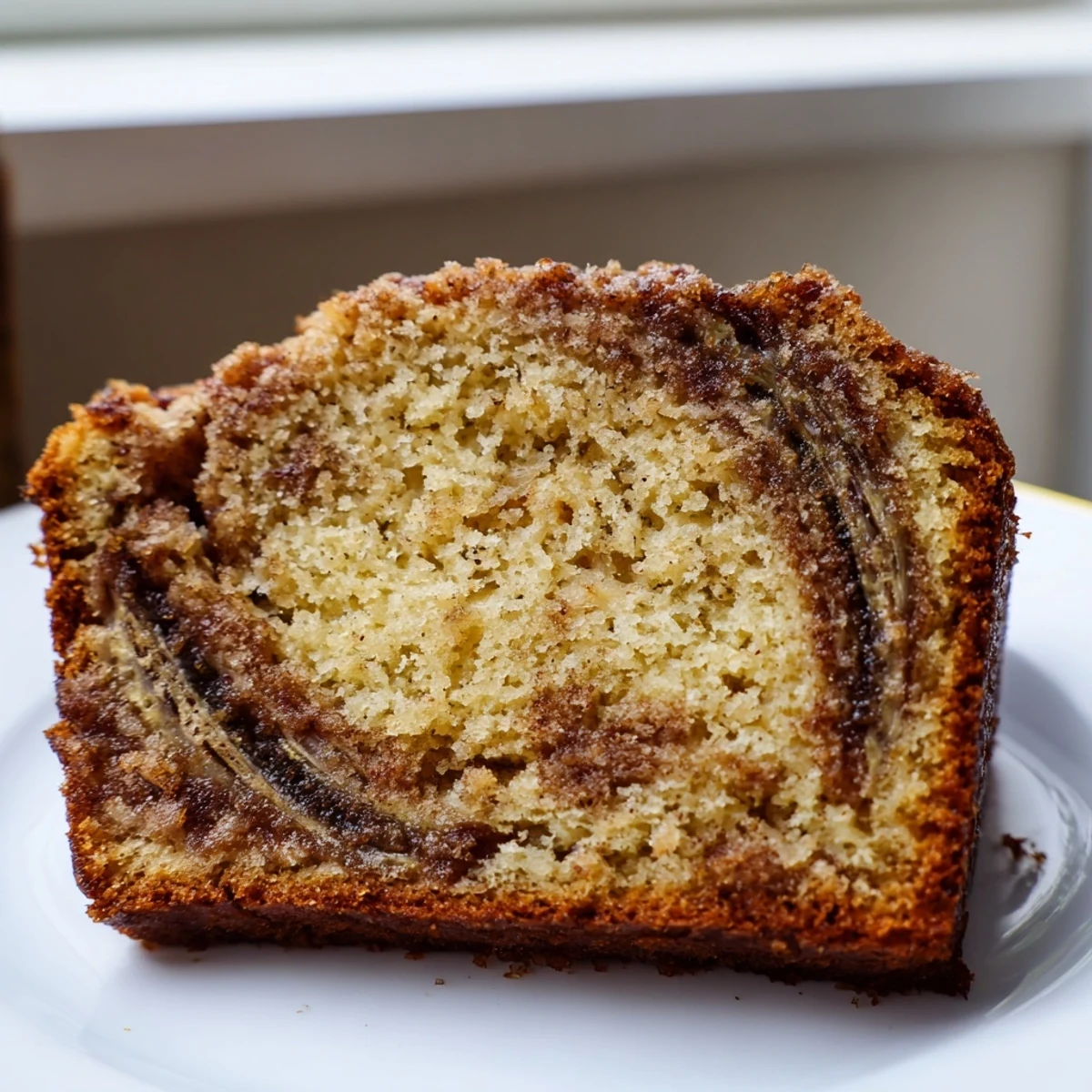 Cinnamon Sugar Swirl Banana Bread sliced thick revealing marbled cinnamon ribbons throughout the moist golden loaf