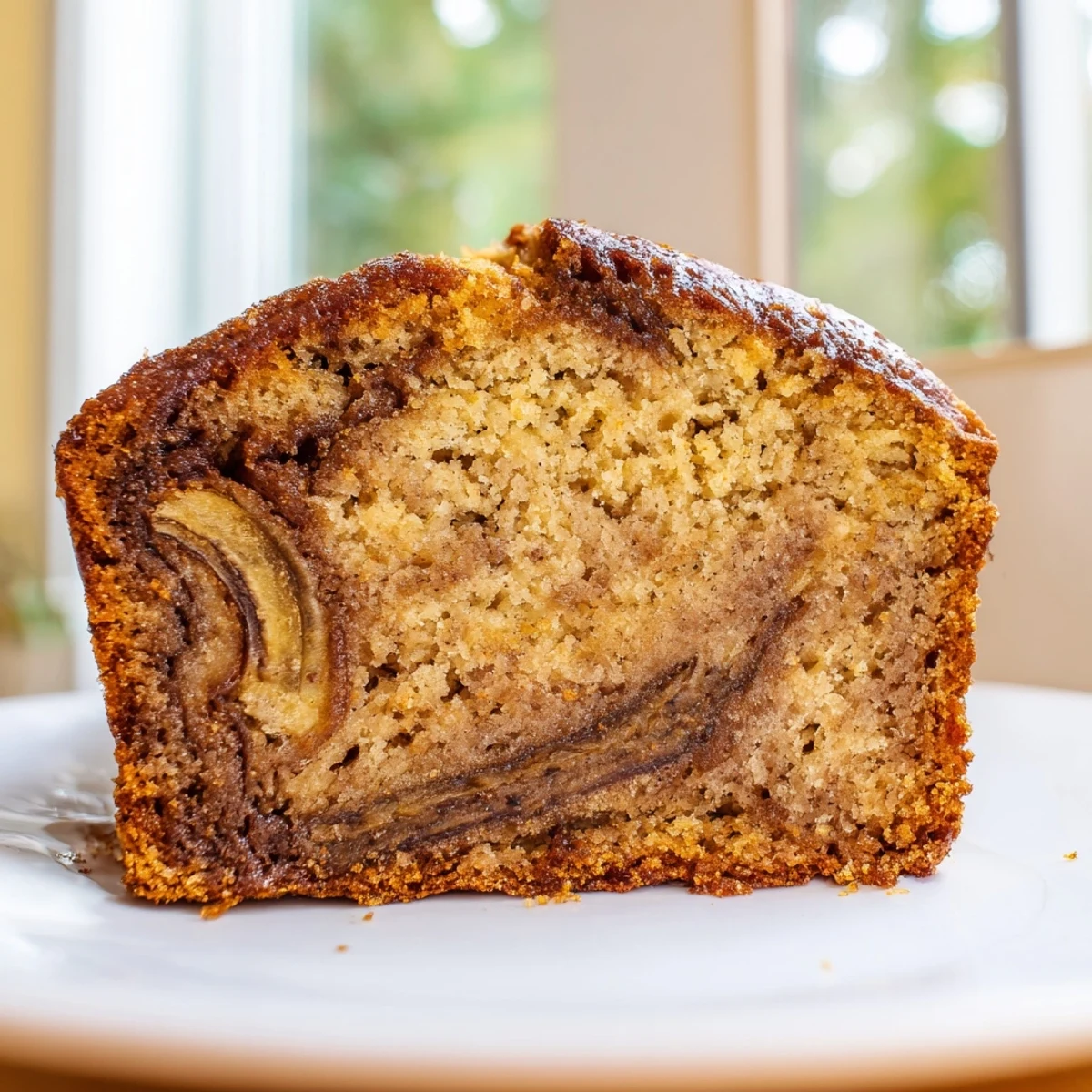 Warm Cinnamon Sugar Swirl Banana Bread with caramelized cinnamon streaks served on a rustic wooden cutting board