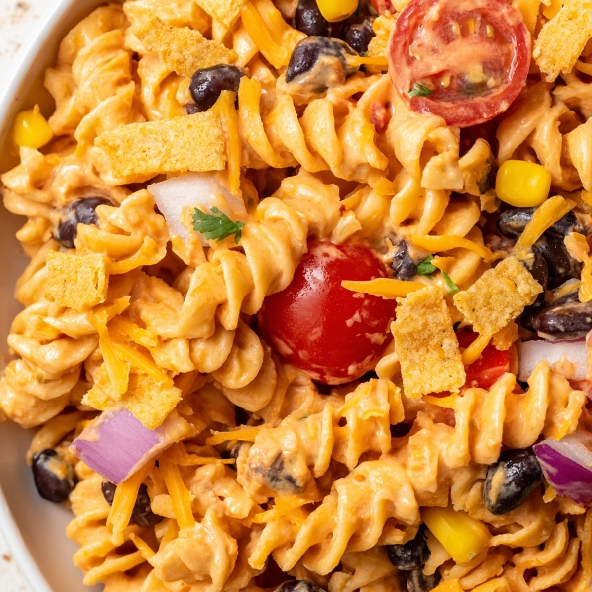 Colorful taco pasta salad in a serving bowl with tomatoes, corn, beans, and shredded cheese