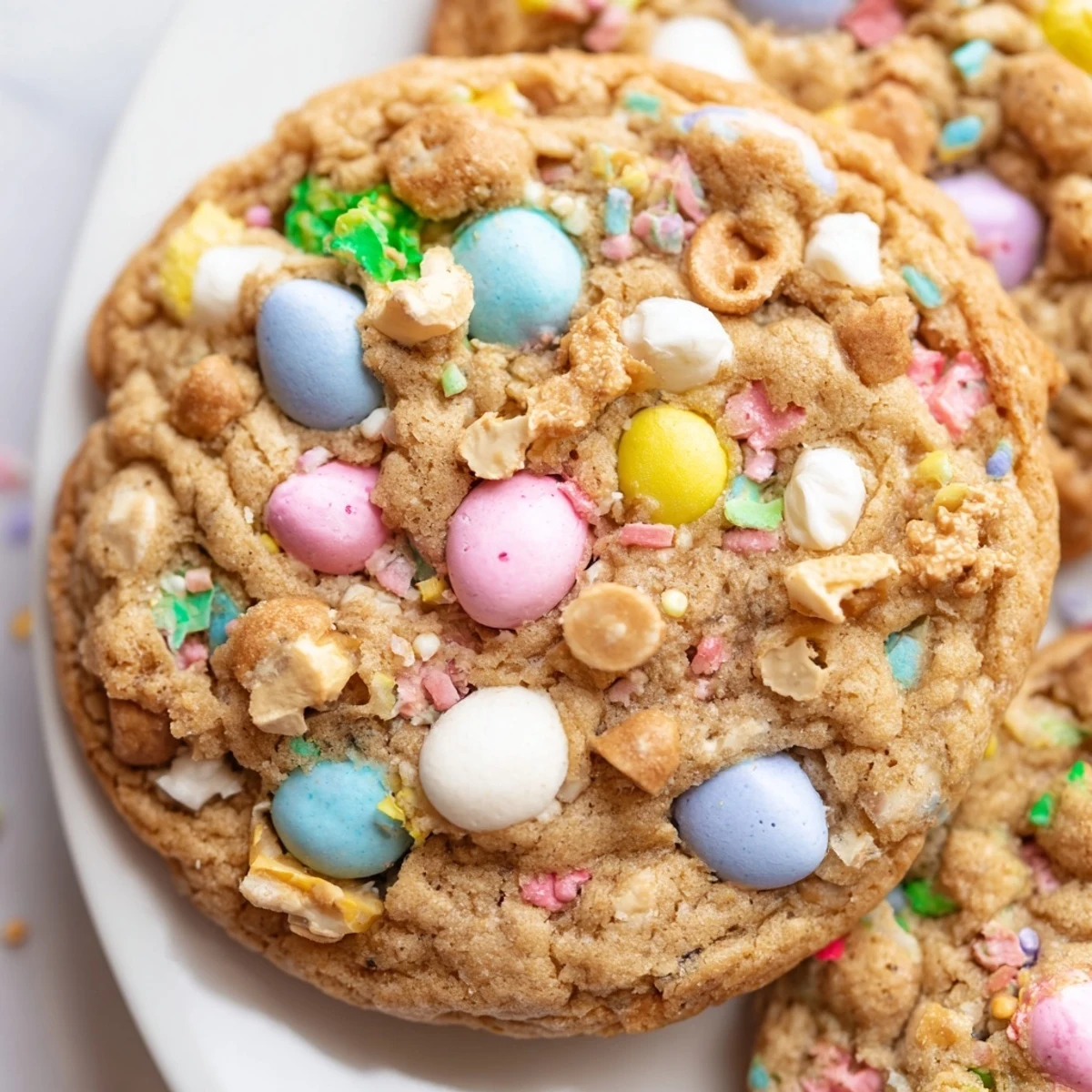 Colorful Easter Trash Cookies loaded with pastel candies, pretzels, and sprinkles on a rustic baking sheet