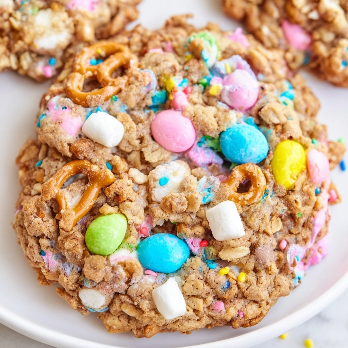Chewy Easter Trash Cookies with melty white chocolate chips and crunchy pretzel pieces stacked together