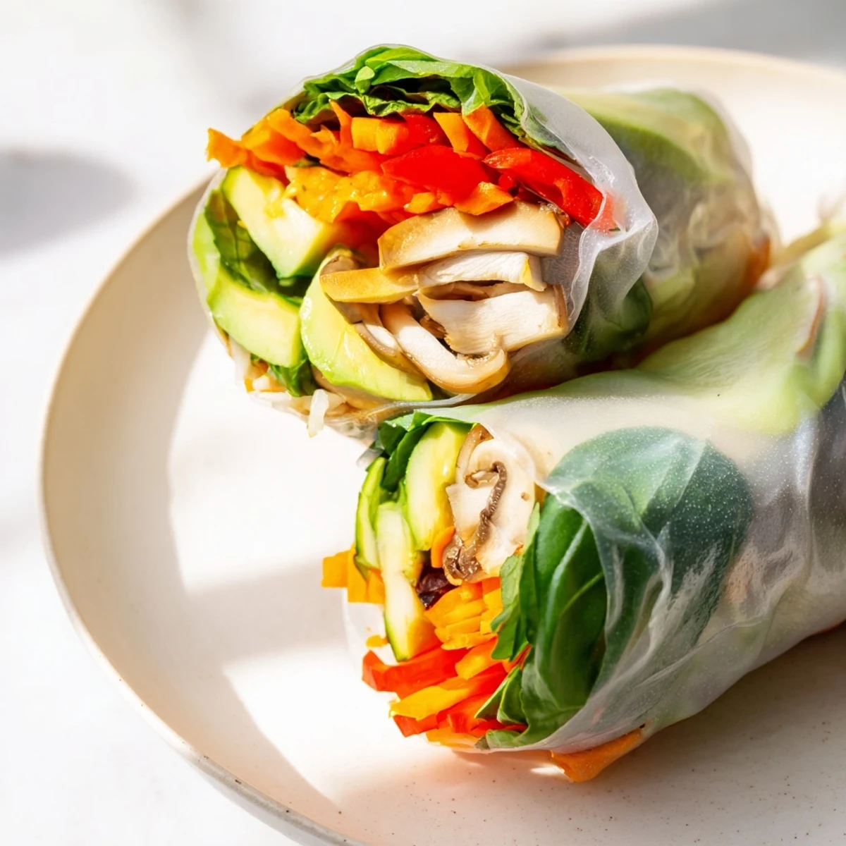 Avocado Shiitake Spring Rolls wrapped in translucent rice paper with fresh herbs and colorful vegetables