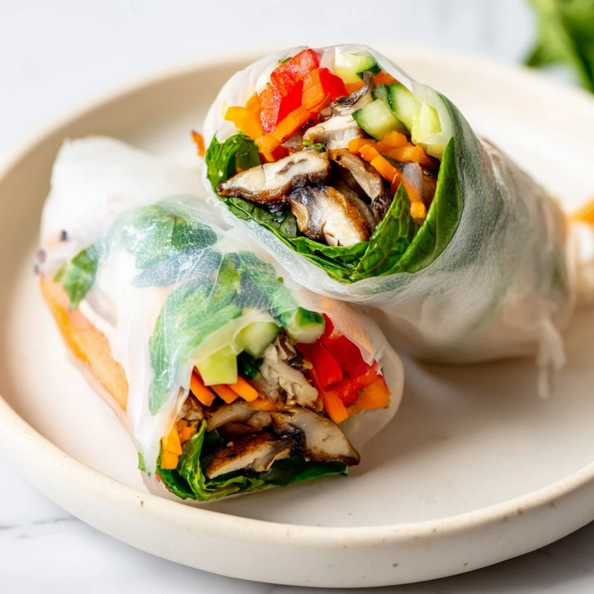 Creamy avocado and savory shiitake mushrooms nestled in crisp vegetable-filled Avocado Shiitake Spring Rolls