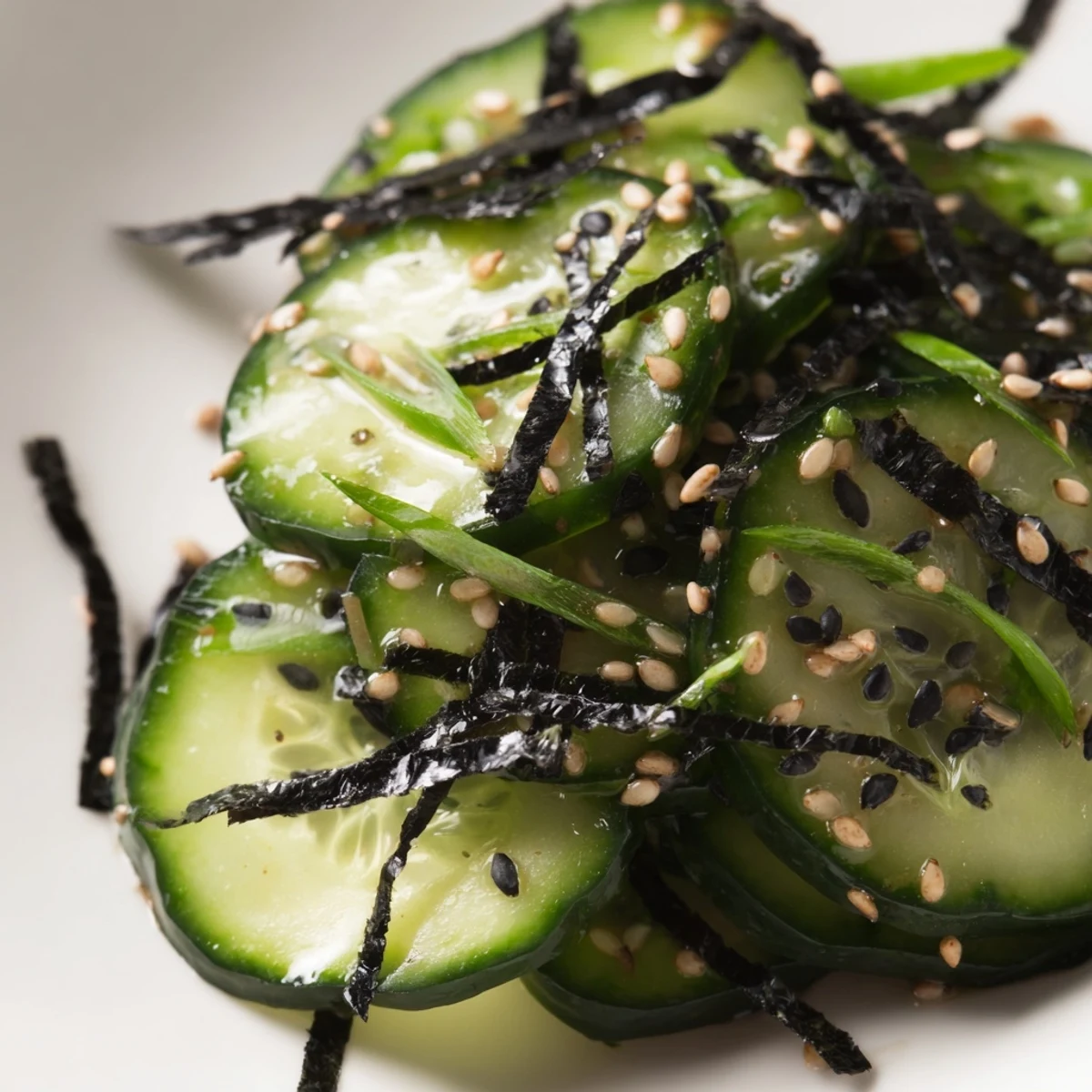 Crisp cucumber slices glistening with tangy rice vinegar dressing in this refreshing sushi cucumber salad