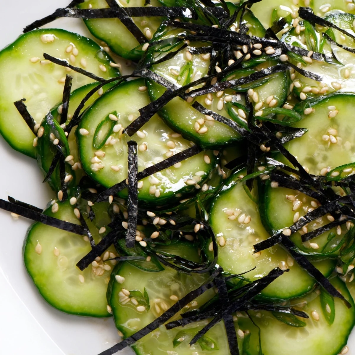 Thinly sliced cucumbers topped with nori strips and sesame seeds in sushi cucumber salad