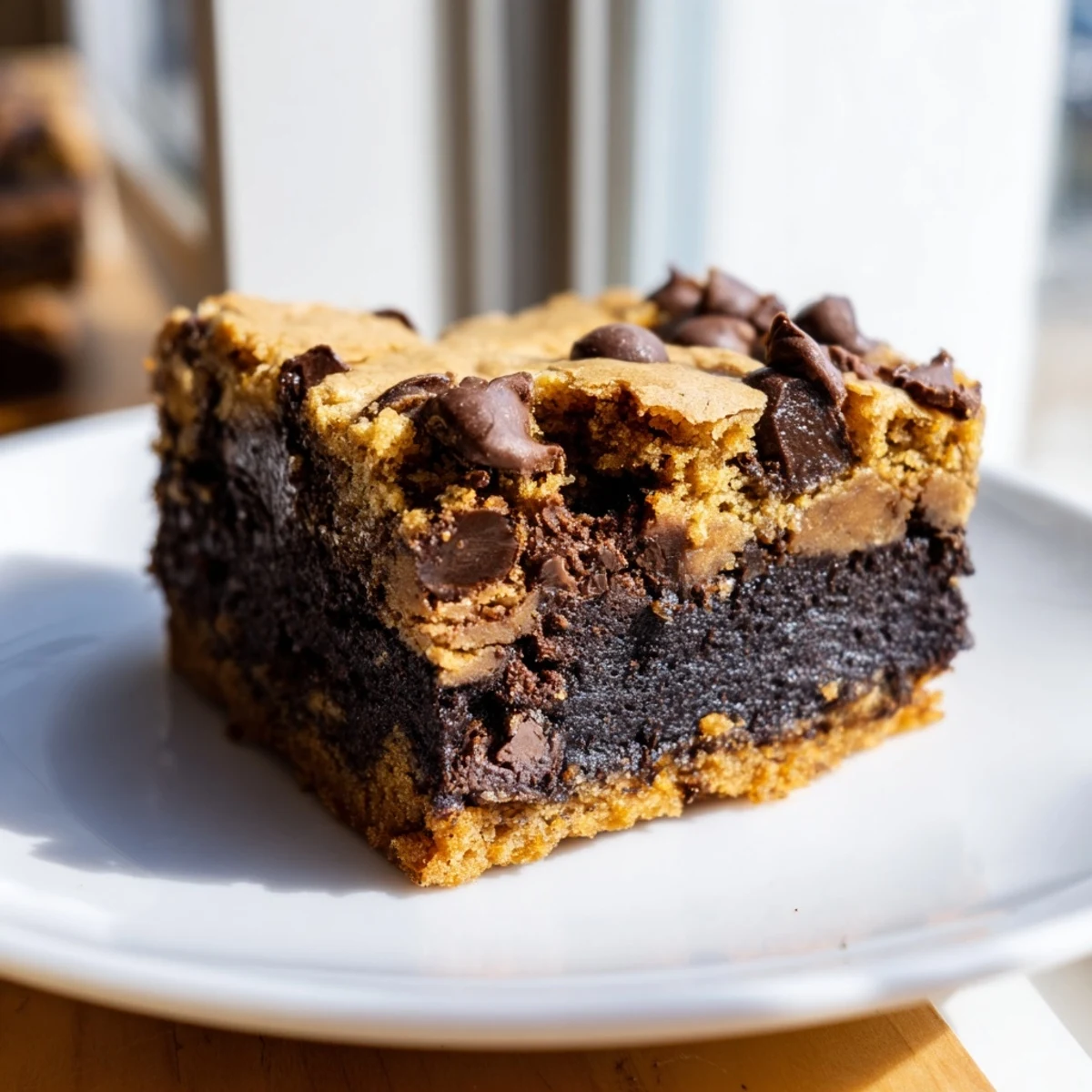 Golden vegan brookies with fudgy brownie bottoms and chewy cookie tops studded with chocolate chips