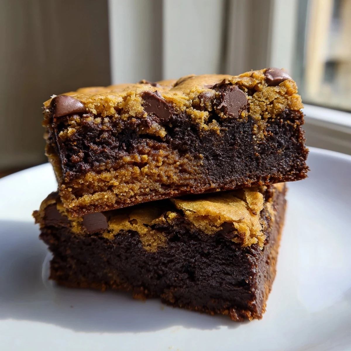 Decadent double layer vegan brookies sliced into rich chocolate squares on a rustic serving board