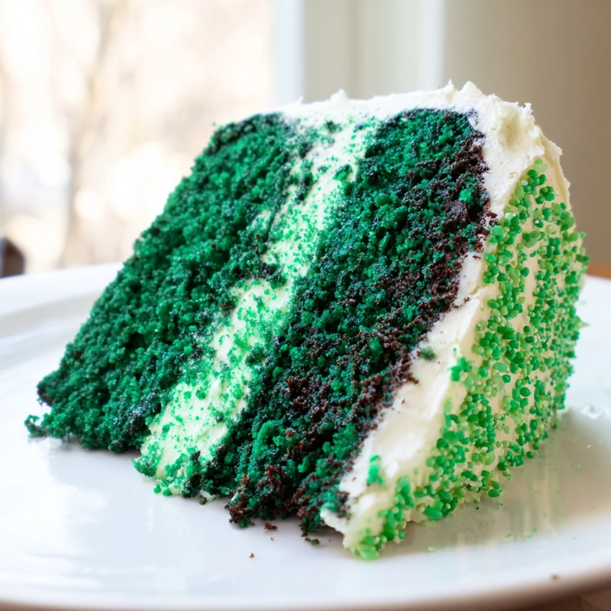 Vibrant green velvet cake layered with fluffy cream cheese frosting on a white cake stand