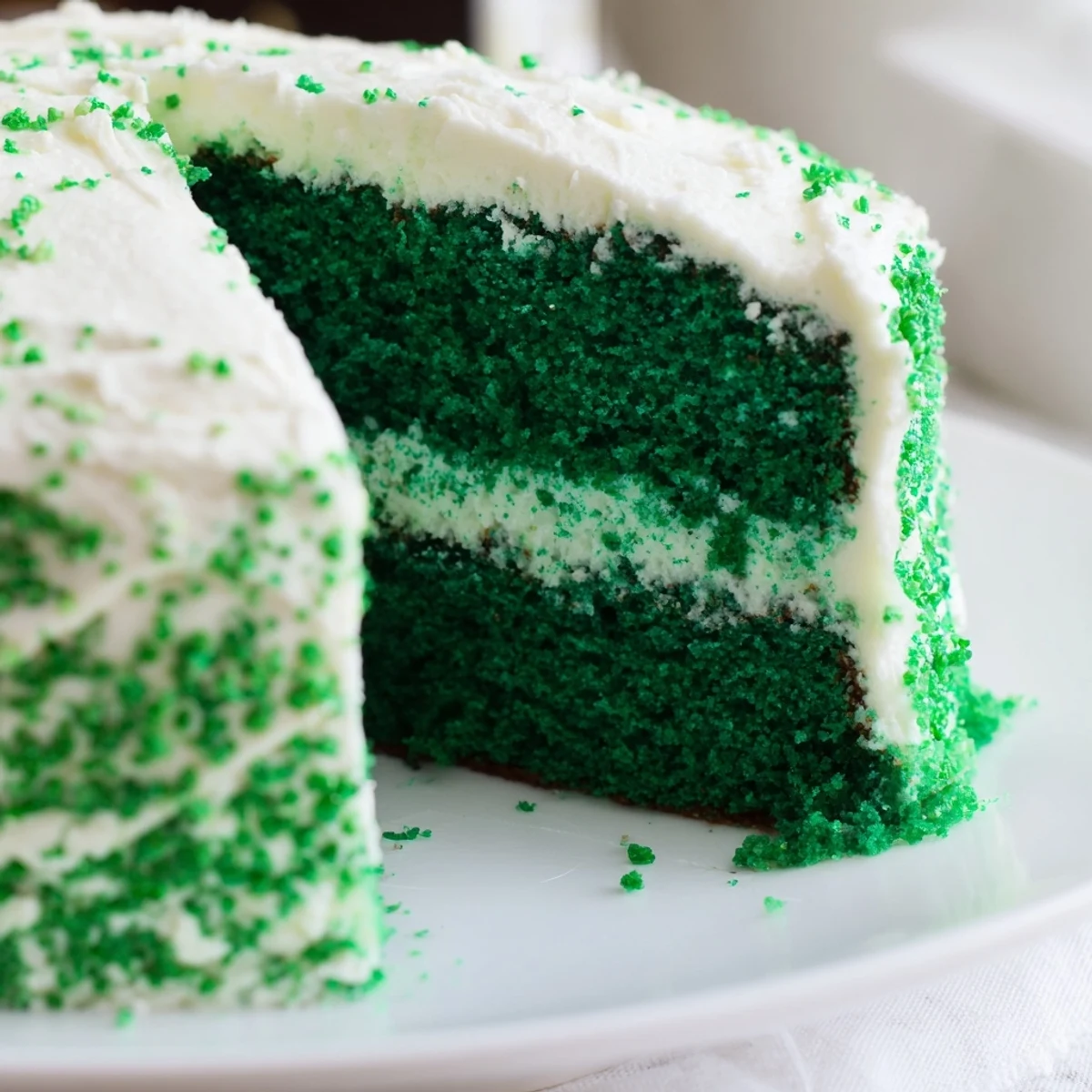 Emerald-hued green velvet cake slice showing moist cocoa-infused crumb and creamy frosting layers