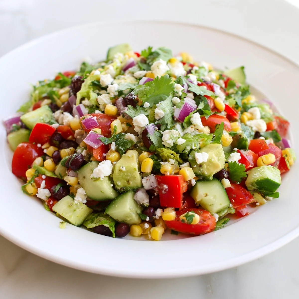 Crisp Mexican chopped salad topped with crumbled cotija cheese avocado and bright red bell peppers