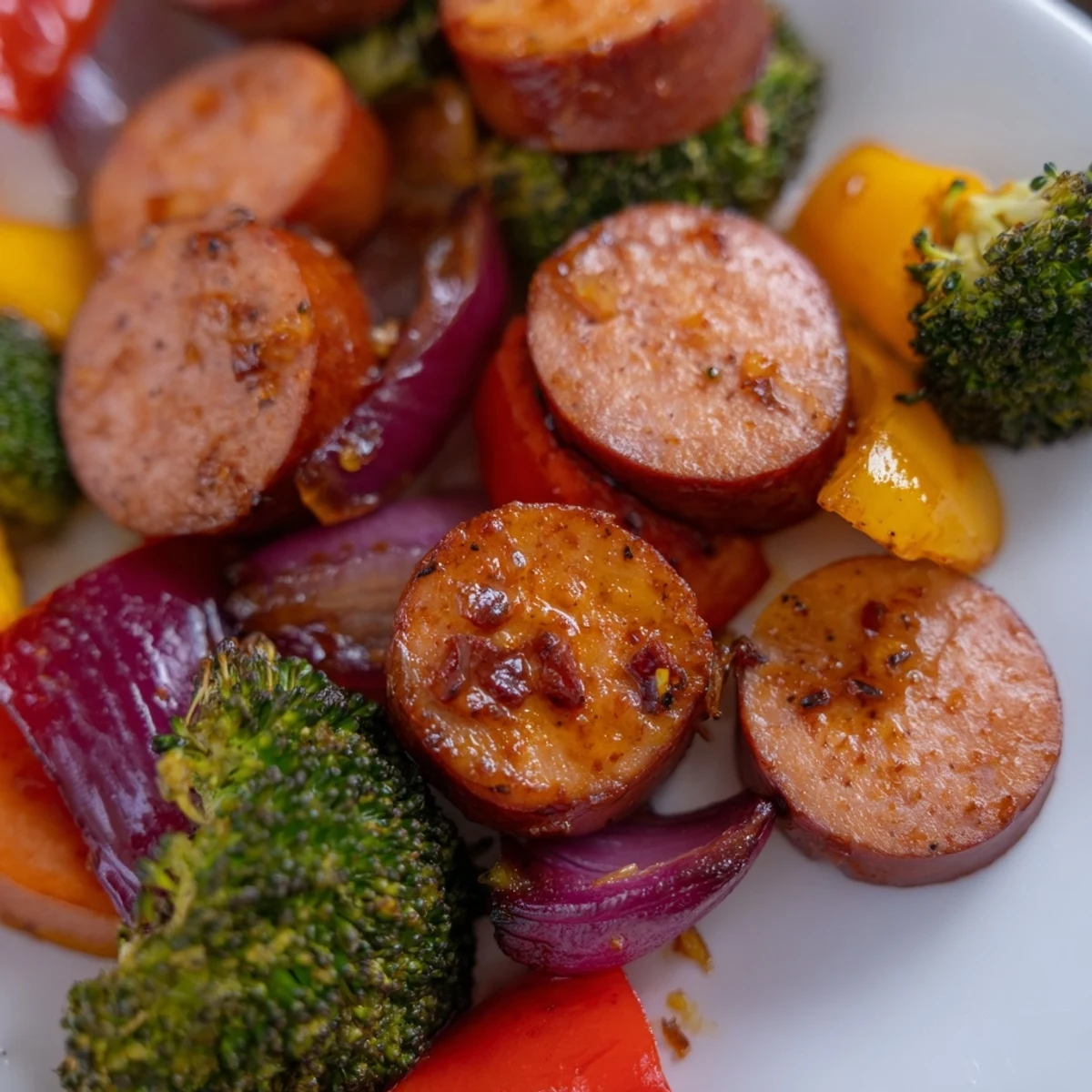 Honey garlic kielbasa with colorful roasted vegetables glistening in sweet glaze on sheet pan