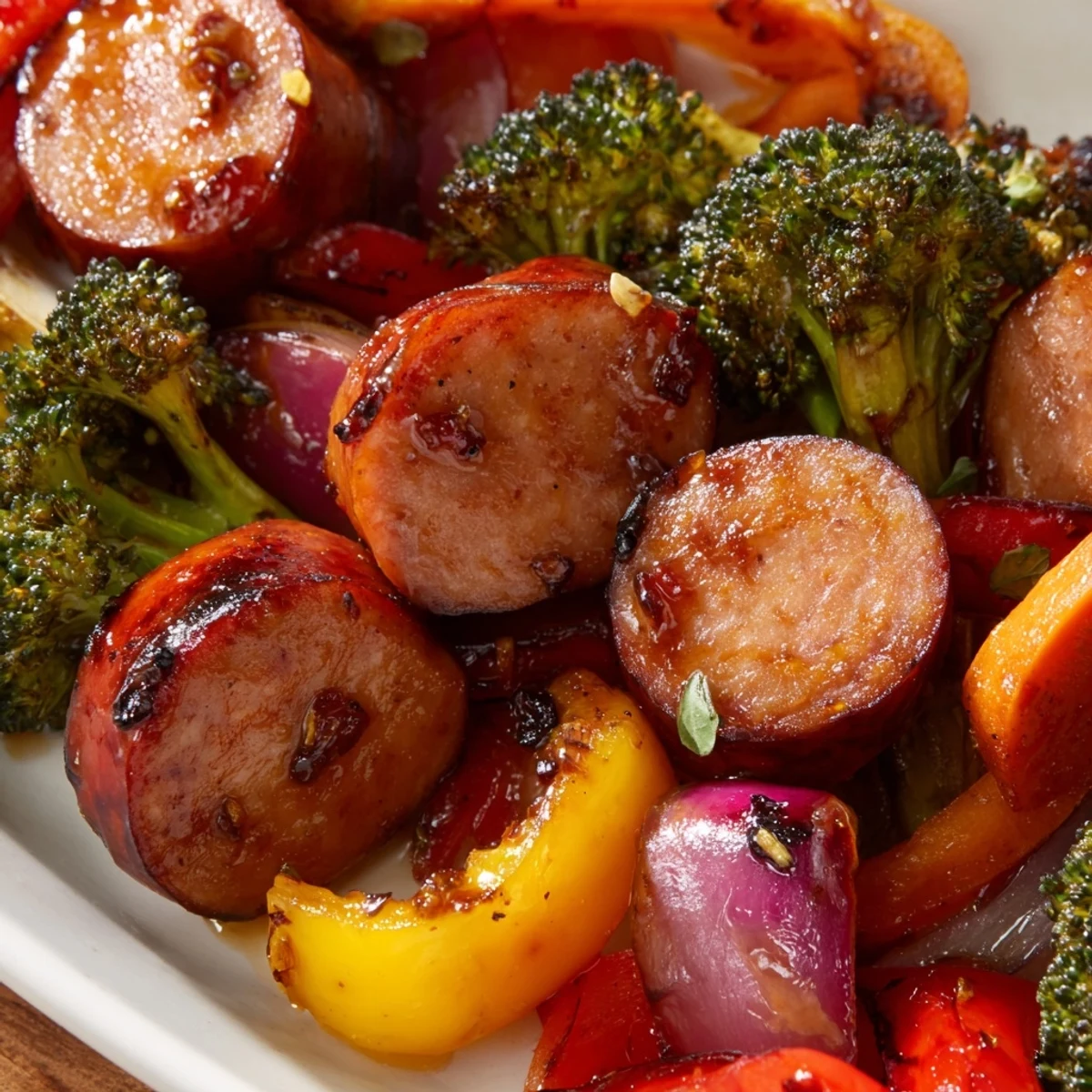 Smoky kielbasa sausage and tender caramelized veggies drizzled with sticky honey garlic sauce