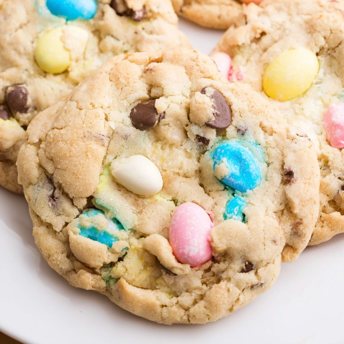 Soft chewy Cadbury Egg Cookies with colorful candy pieces piled on a rustic wooden board
