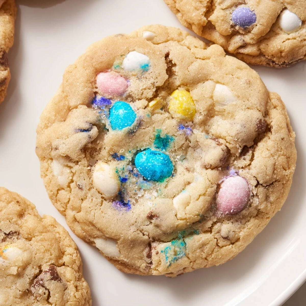 Golden brown Cadbury Egg Cookies studded with chocolate chips and pastel mini eggs