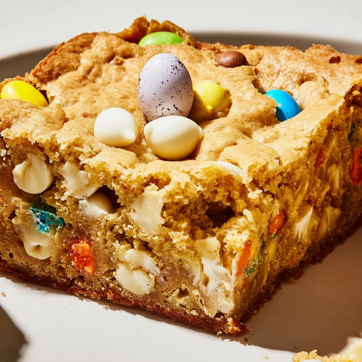 Chewy Mini Cadbury Easter Egg Blondies with colorful candy topping on rustic cutting board