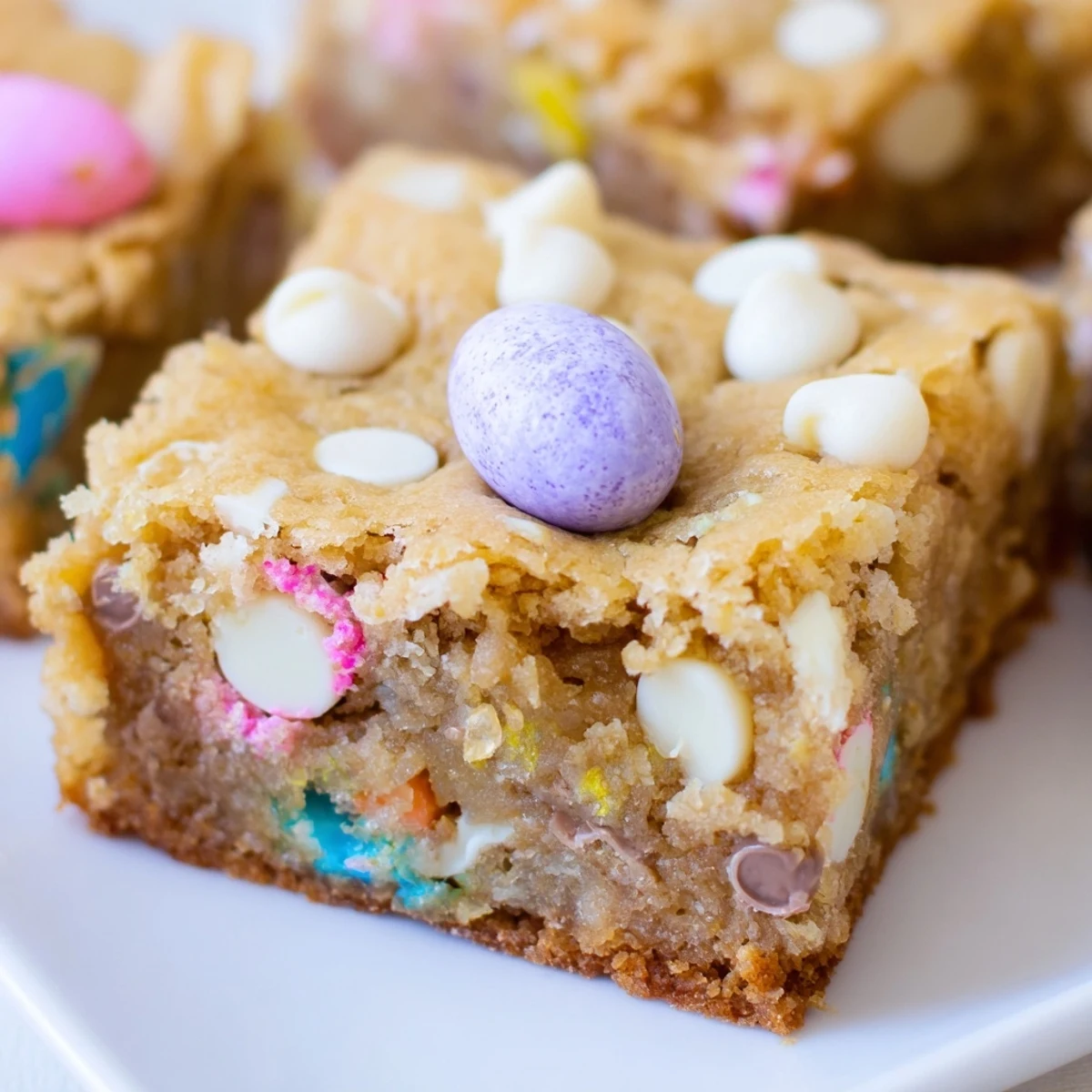 Golden brown Mini Cadbury Easter Egg Blondies cut into squares with pastel eggs