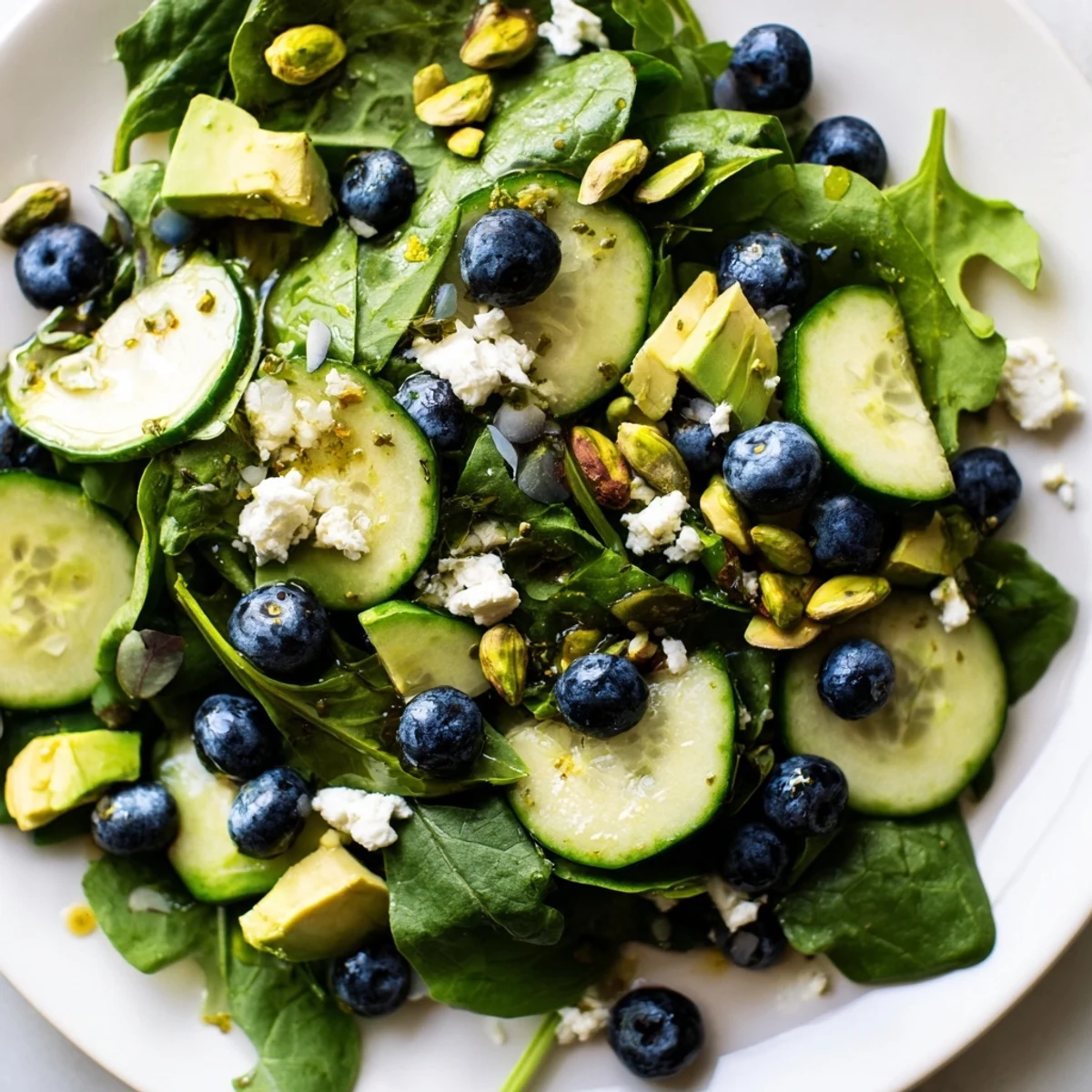 Blueberry Pistachio Spring Salad topped with crumbled feta and creamy avocado cubes