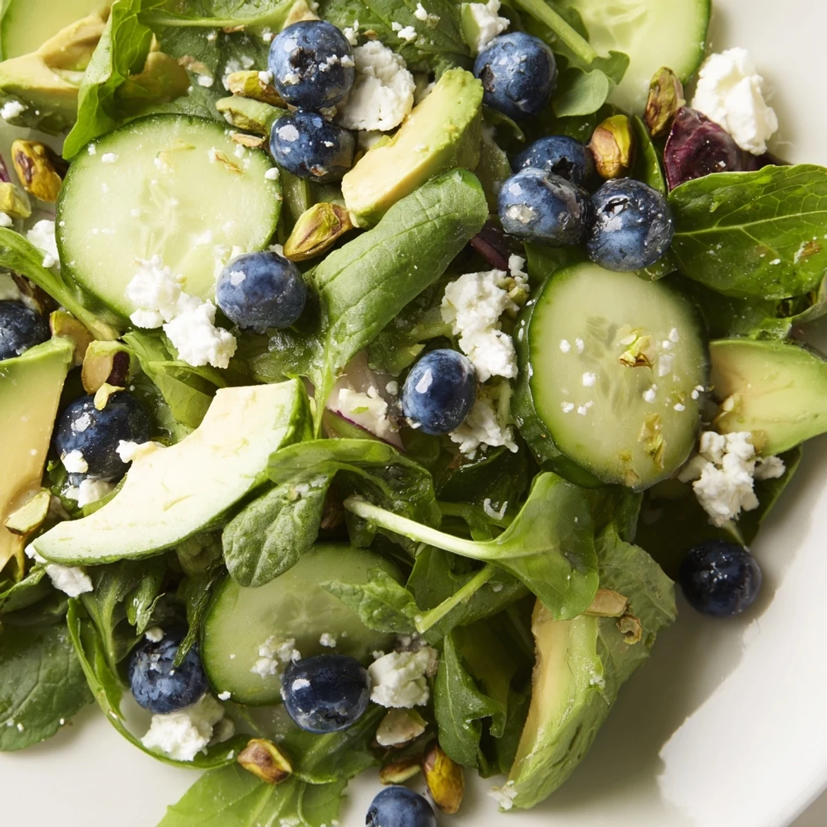 Fresh Blueberry Pistachio Spring Salad in a rustic wooden bowl with citrus dressing