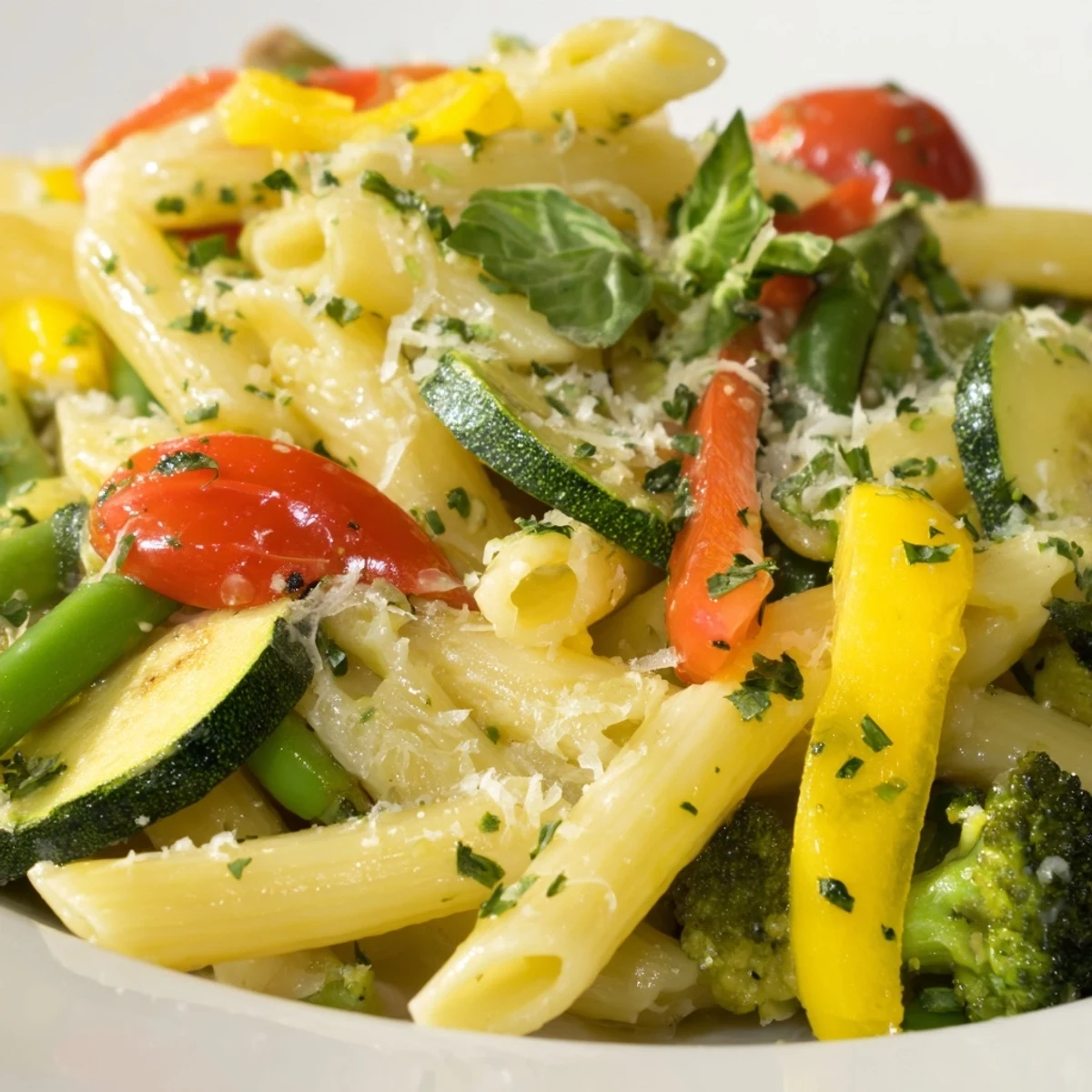 Creamy Pasta Primavera tossed with fresh spring vegetables on a white ceramic plate