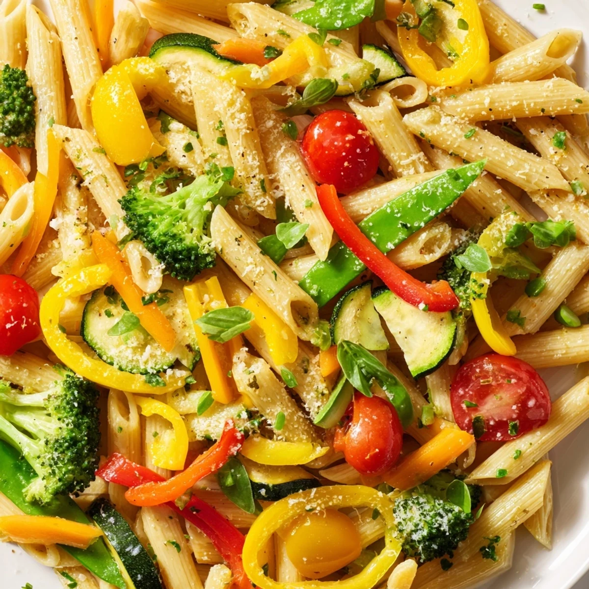 Colorful Pasta Primavera loaded with tender crisp vegetables in a light garlic sauce