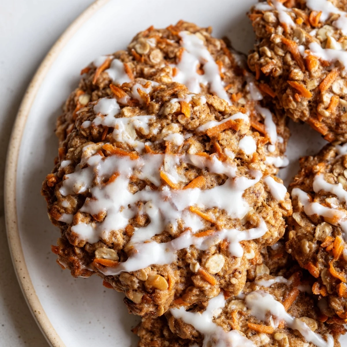 Soft carrot cake cookies with creamy white drizzle on rustic wooden serving board