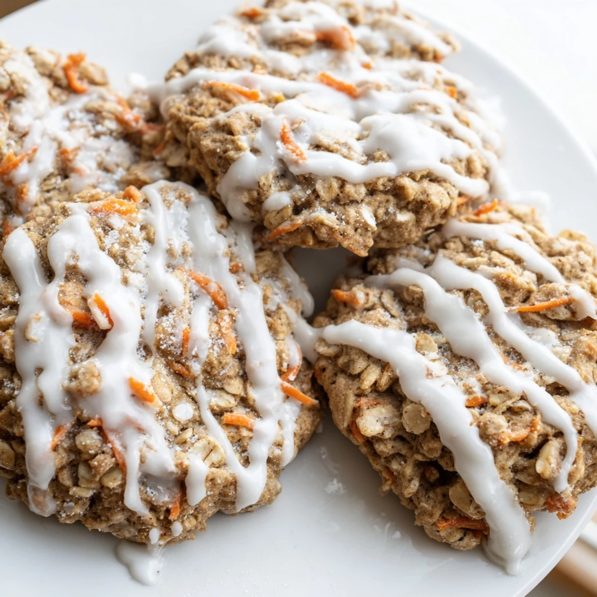 Golden spiced carrot cake cookies topped with sweet cream cheese frosting glaze