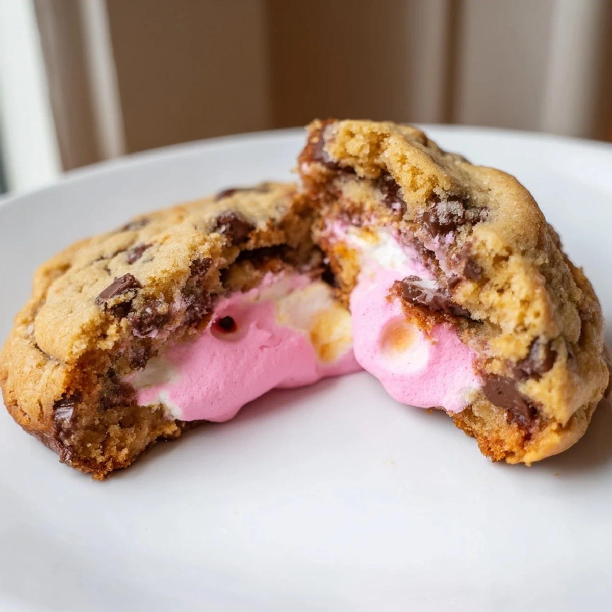 Golden Chocolate Chip Peep Stuffed Easter Cookies with melty marshmallow center on rustic baking sheet