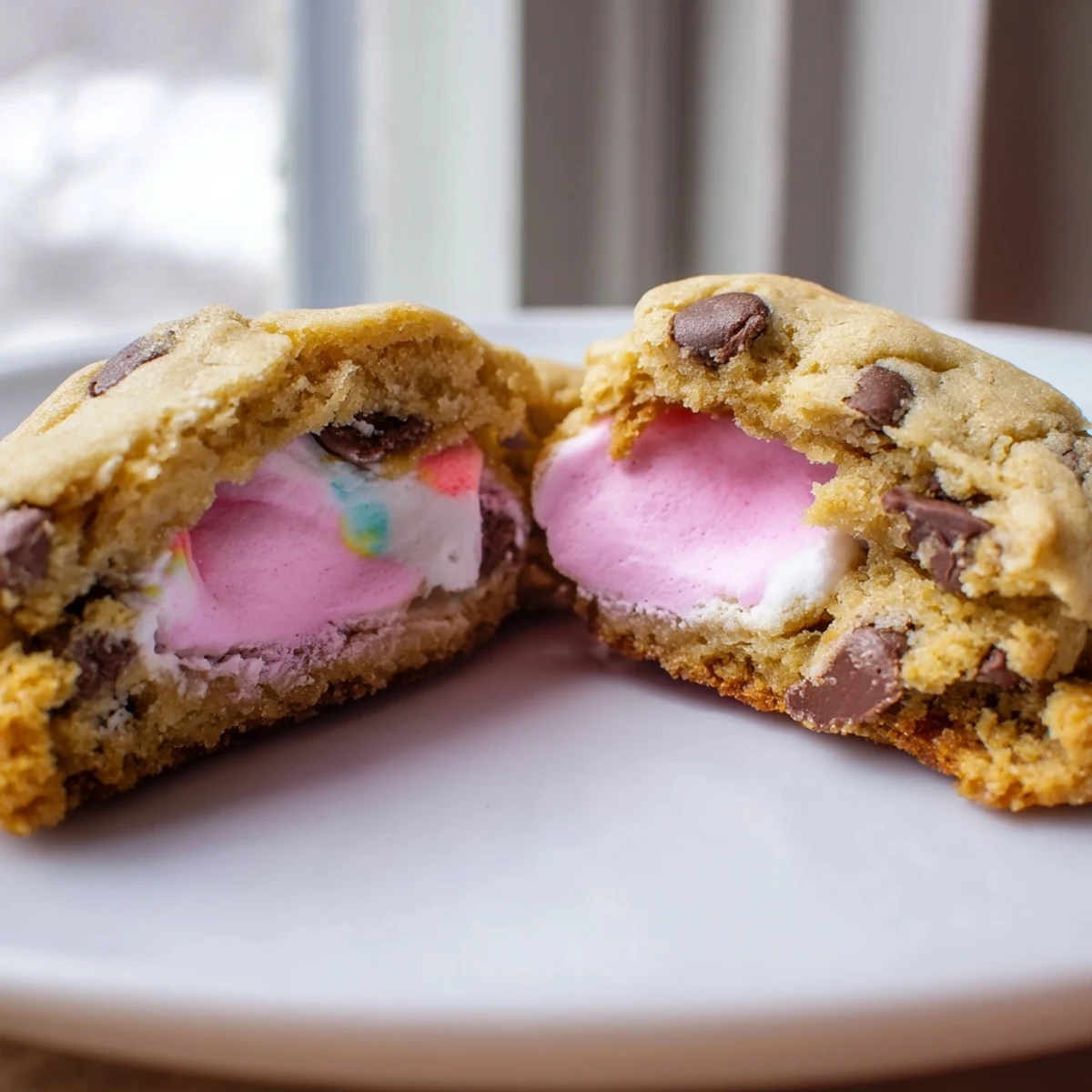 Chewy Chocolate Chip Peep Stuffed Easter Cookies revealing colorful Peep surprise inside close-up view