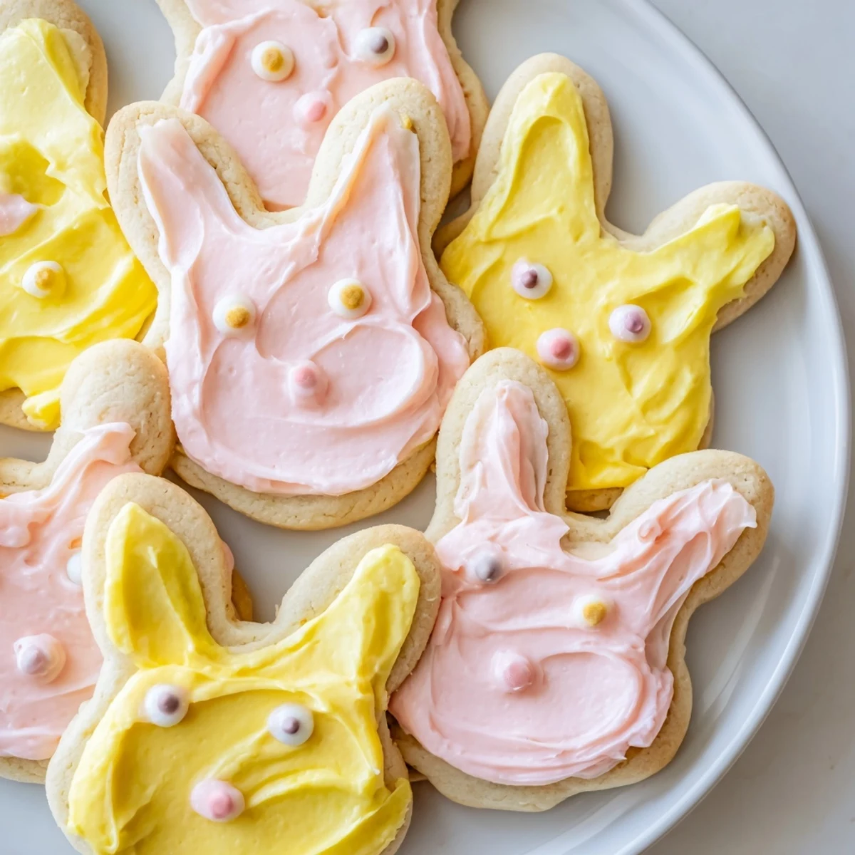 Adorable buttercream bunny cookies with swirled pastel frosting on a rustic wooden serving board