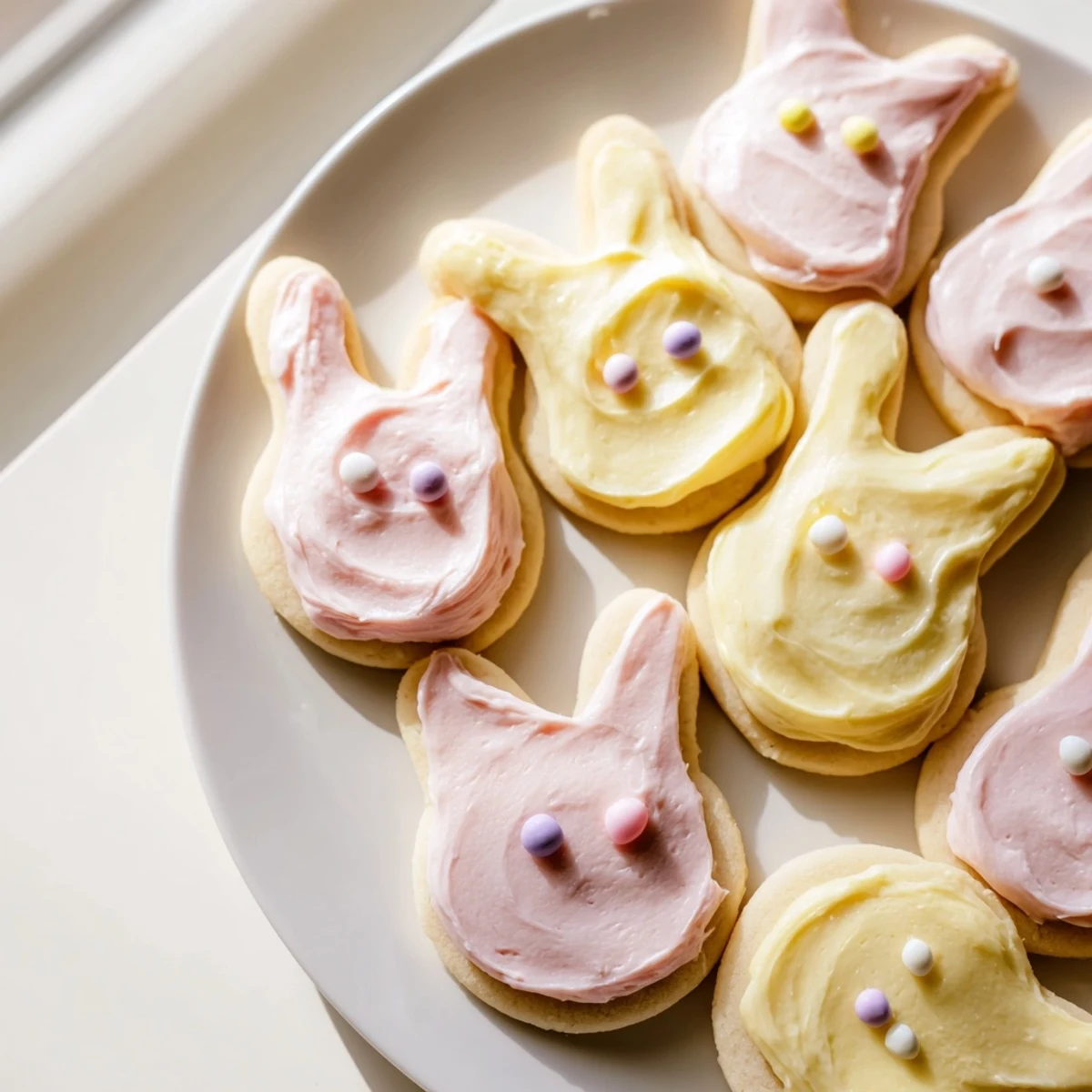 Soft bunny-shaped sugar cookies piped with creamy pink and blue buttercream frosting decorations