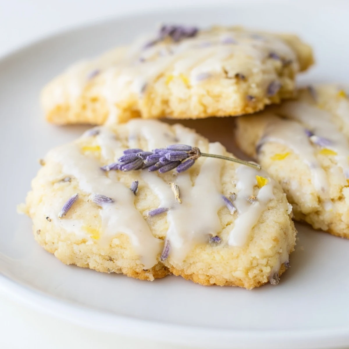 Buttery Iced Lemon Lavender Shortbread Cookies with golden edges and sweet drizzled lemon icing finish