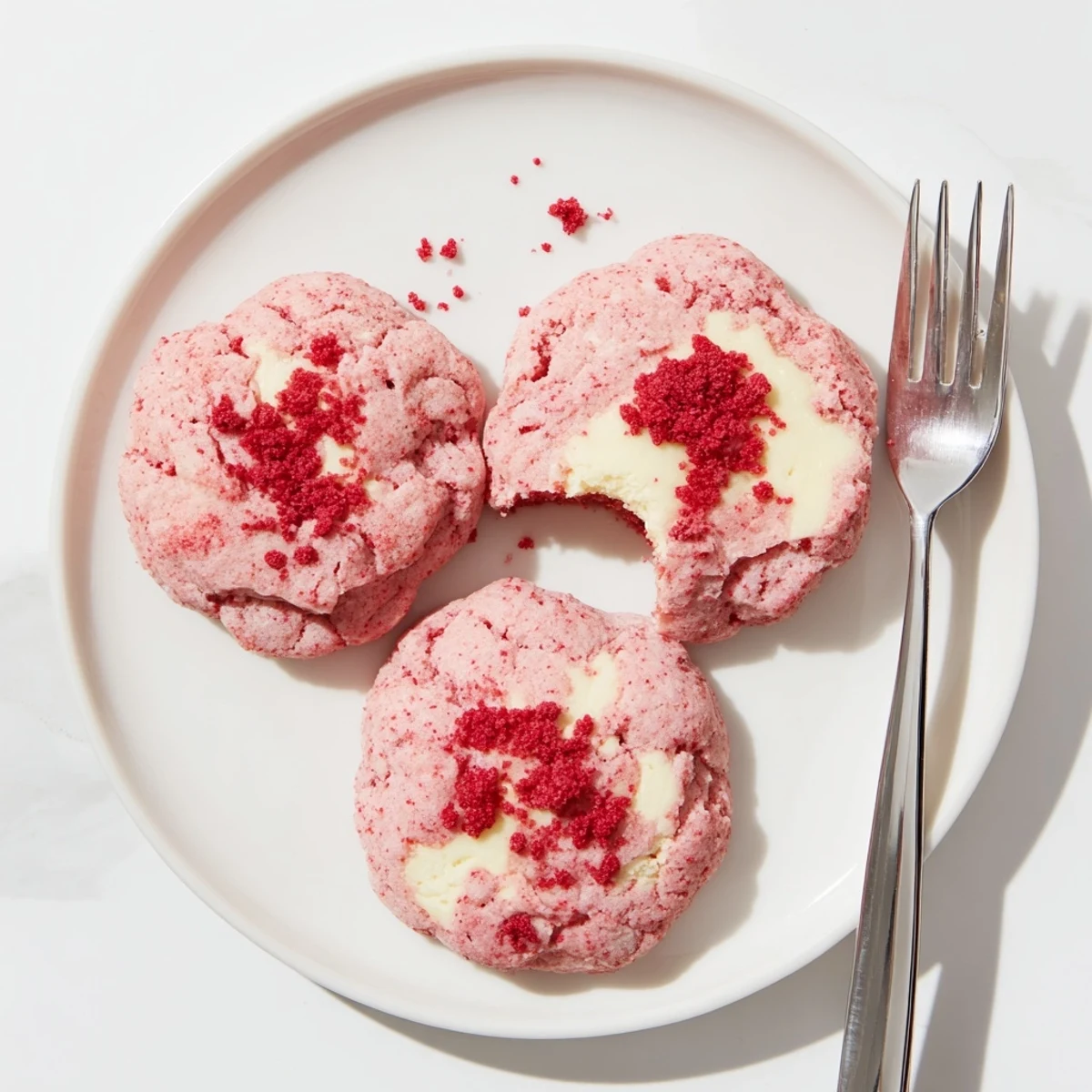 Soft Strawberry Cheesecake Cookies with creamy centers arranged on a rustic white serving plate
