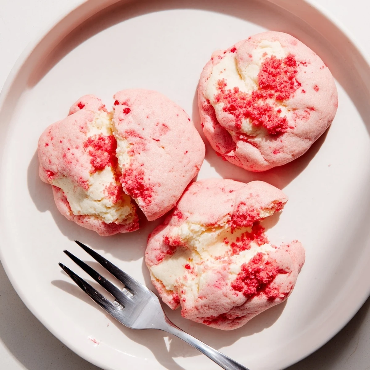 Golden-baked Strawberry Cheesecake Cookies cooling on wire rack with pink strawberry-flecked dough visible