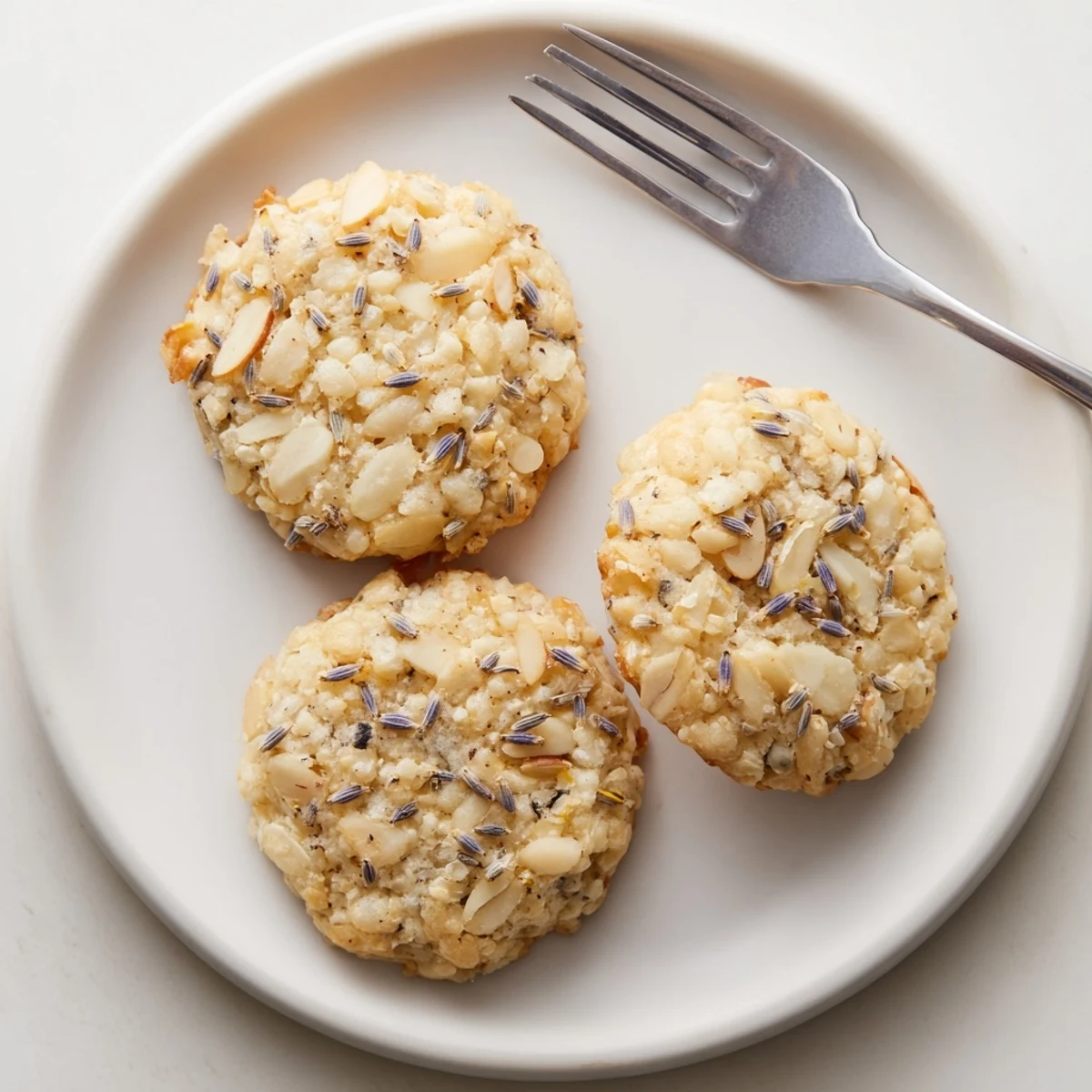 Golden Lavender Honey Crunch Cookies with toasted nuts arranged on a rustic white ceramic plate