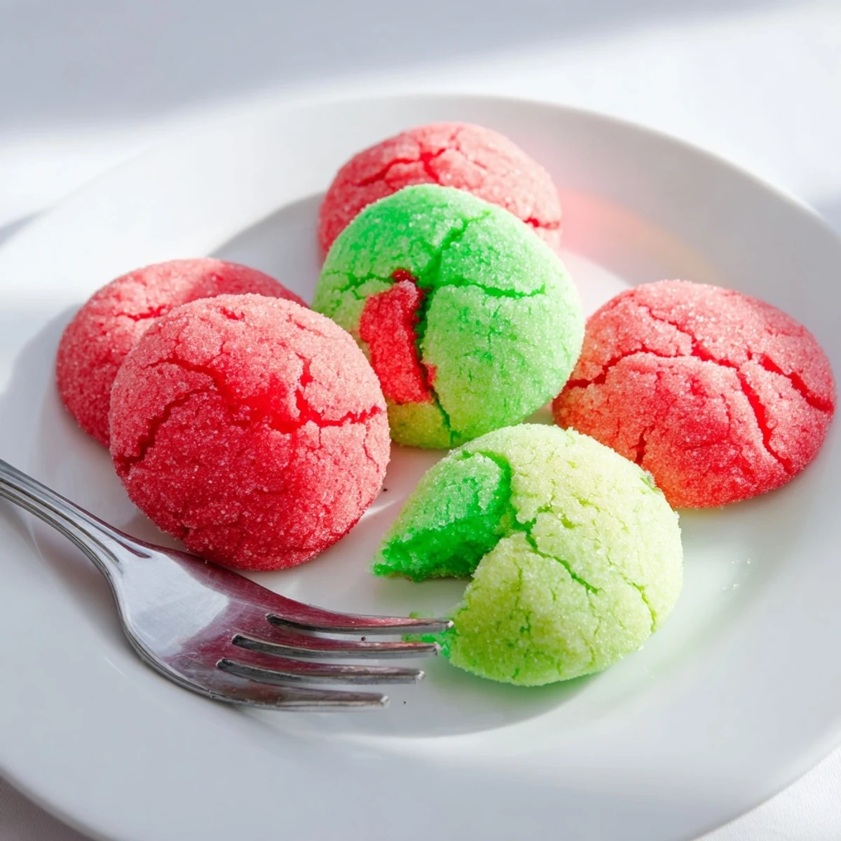Soft chewy Jello sugar cookies in vibrant colors arranged on a rustic white baking sheet